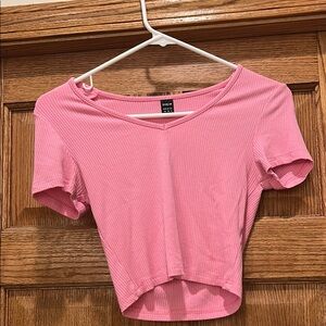 Pink Ribbed V-Neck Crop Top
